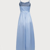 Blue Satin Ruched Slip Maxi Dress
