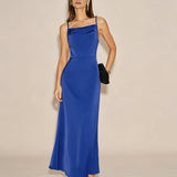 Blue Solid Zipper Slip Maxi Dress