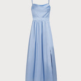 Blue Satin Ruched Slip Maxi Dress