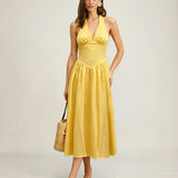 Yellow Halter Cut Out Textured Maxi Dress