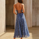 Blue Jacquard Ruched Slip Maxi Dress