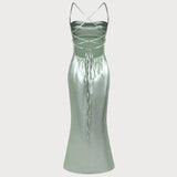 Green X Cross Slip A-Line Maxi Dress