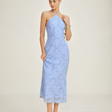 Blue Halter Jacquard Slip Maxi Dress