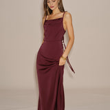 Wine Red Solid Tie Slip Maxi Dress