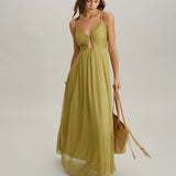 Green Ruched Slip Maxi Dress