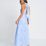 Blue Mock Neck Jacquard Maxi Dress