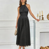 Black Halter Tie Polka Dot Maxi Dress