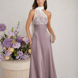 Pink One Shoulder Lace Splicing Maxi Dress