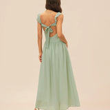 Green V Neck Ruffle Tie Maxi Dress