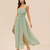 Green V Neck Ruffle Tie Maxi Dress