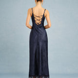 Navy Jacquard Lace Slip Maxi Dress