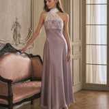 Pink One Shoulder Lace Splicing Maxi Dress
