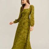 Green Floral Square Neck A-Line Maxi Dress