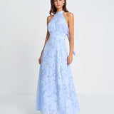 Blue Mock Neck Jacquard Maxi Dress