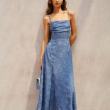 Blue Jacquard Ruched Slip Maxi Dress