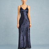Navy Jacquard Lace Slip Maxi Dress