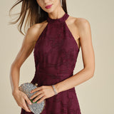 Wine Red Mock Neck Jacquard Maxi Dress