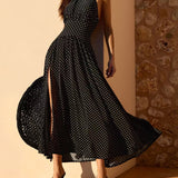 Black Halter Tie Polka Dot Maxi Dress