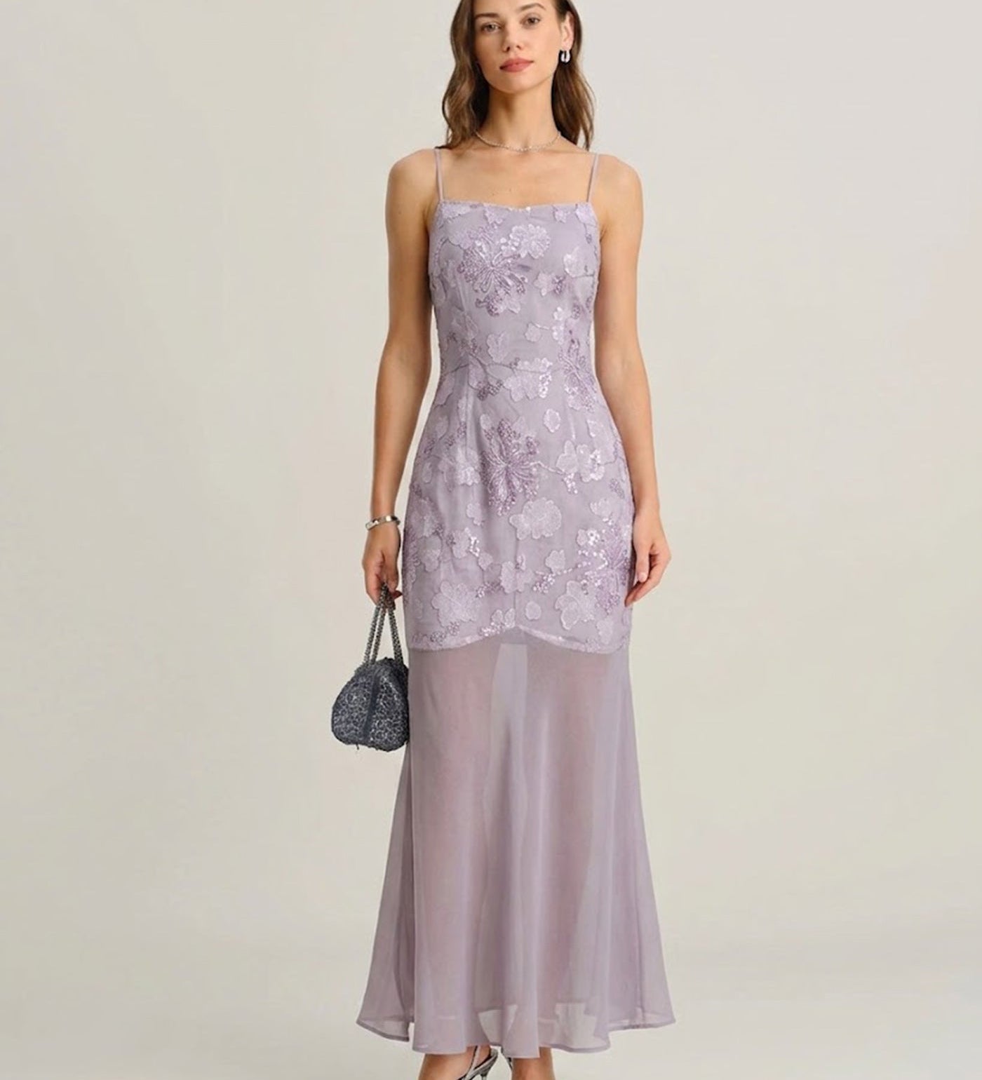 Purple Sequins Jacquard Slip Maxi Dress