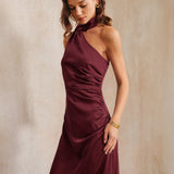 Wine Red Satin One Shoulder Maxi Dress