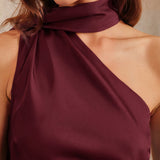Wine Red Satin One Shoulder Maxi Dress