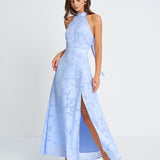 Blue Mock Neck Jacquard Maxi Dress