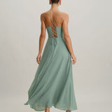 Green A-Line Backless Slip Maxi Dress