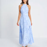 Blue Mock Neck Jacquard Maxi Dress