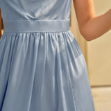 Blue Satin Ruched Slip Maxi Dress
