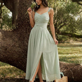 Green V Neck Ruffle Tie Maxi Dress