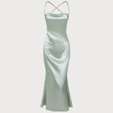 Green X Cross Slip A-Line Maxi Dress