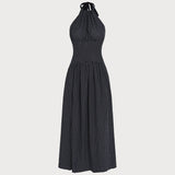 Black Halter Tie Polka Dot Maxi Dress
