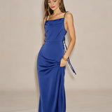 Blue Solid Zipper Slip Maxi Dress