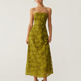 Green Floral Ruched Backless Slip Maxi Dress
