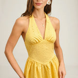 Yellow Halter Cut Out Textured Maxi Dress
