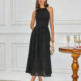 Black Halter Tie Polka Dot Maxi Dress