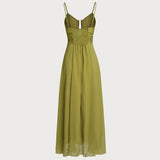 Green Ruched Slip Maxi Dress