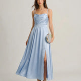 Blue Satin Ruched Slip Maxi Dress