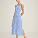 Blue Halter Jacquard Slip Maxi Dress