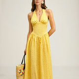 Yellow Halter Cut Out Textured Maxi Dress