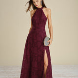 Wine Red Mock Neck Jacquard Maxi Dress