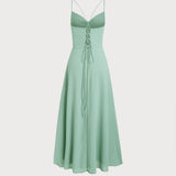 Green A-Line Backless Slip Maxi Dress