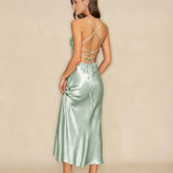 Green X Cross Slip A-Line Maxi Dress