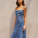 Blue Jacquard Ruched Slip Maxi Dress