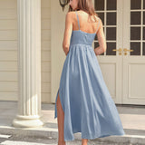Blue Satin Ruched Slip Maxi Dress