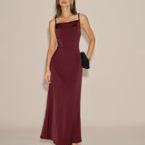 Wine Red Solid Tie Slip Maxi Dress