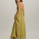 Green Ruched Slip Maxi Dress