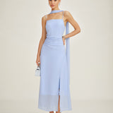 Blue Cowl Neck Strap Chiffon Maxi Dress