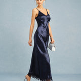 Navy Jacquard Lace Slip Maxi Dress