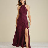 Wine Red Mock Neck Jacquard Maxi Dress